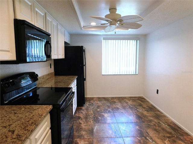 kitchen featuring ceiling fan, dark stone counters, a textured ceiling, white cabinets, and black appliances