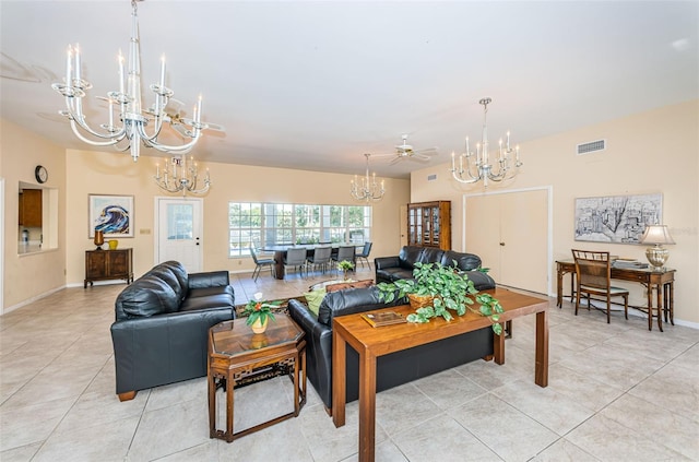 living room featuring ceiling fan and light tile patterned flooring