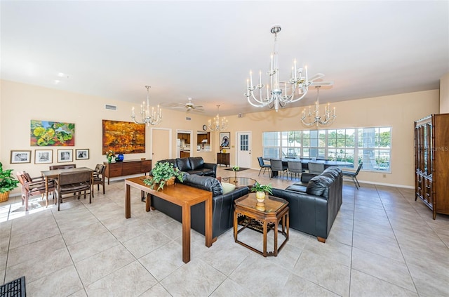 living room featuring ceiling fan and light tile patterned floors