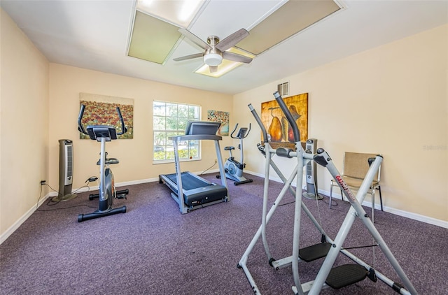 workout area with ceiling fan