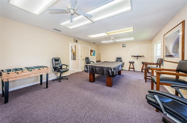 playroom featuring carpet, ceiling fan, and billiards