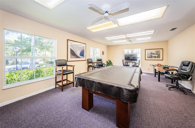 rec room with carpet flooring, ceiling fan, and pool table