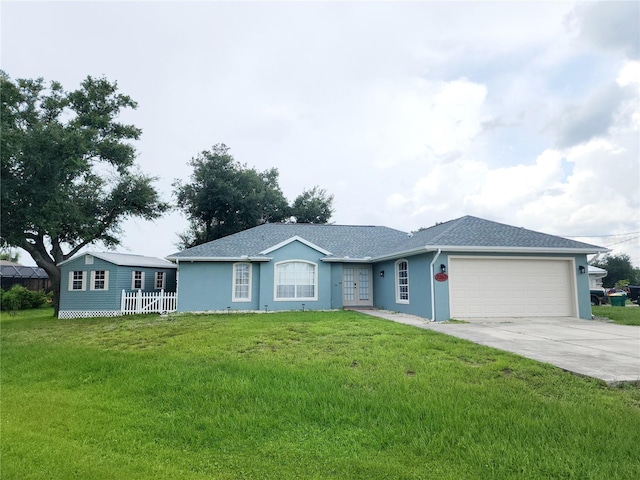 ranch-style house with a garage and a front lawn