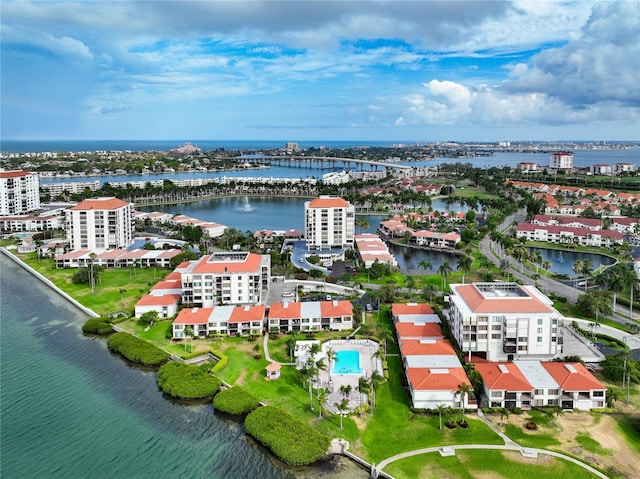 drone / aerial view featuring a water view