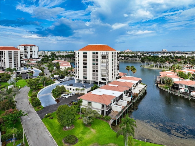 drone / aerial view featuring a water view