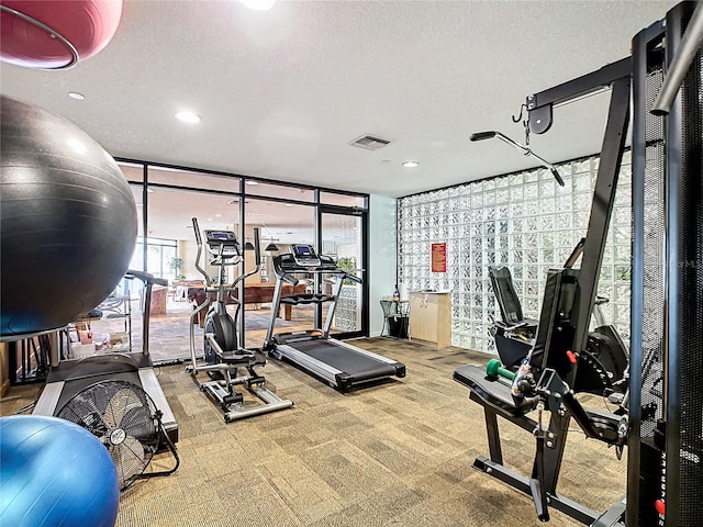 gym featuring floor to ceiling windows, a textured ceiling, and carpet flooring