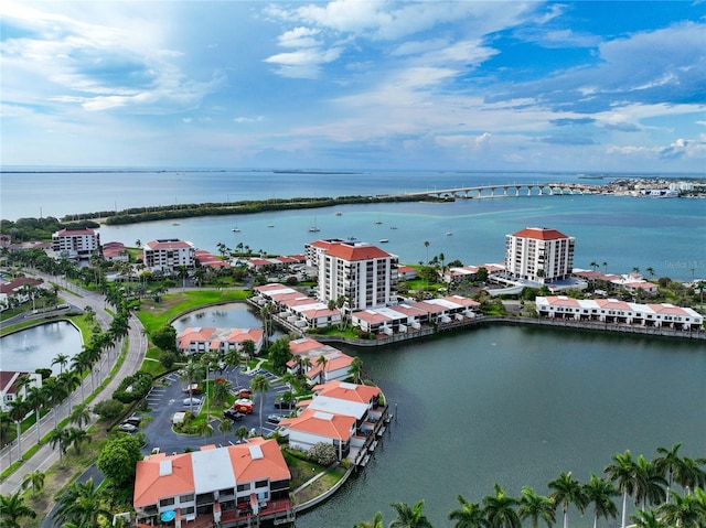 drone / aerial view featuring a water view