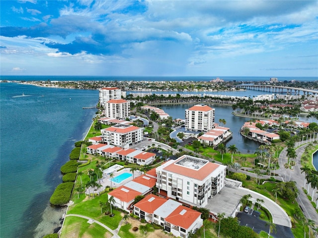 bird's eye view with a water view