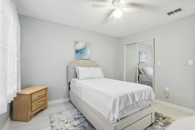 bedroom featuring ceiling fan and a closet