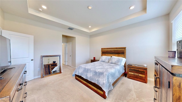 carpeted bedroom featuring a raised ceiling