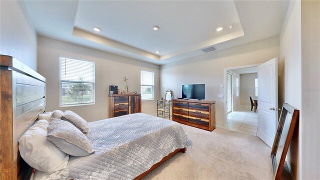 carpeted bedroom featuring a raised ceiling