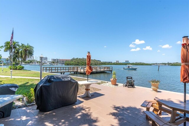 view of patio / terrace featuring grilling area and a water view