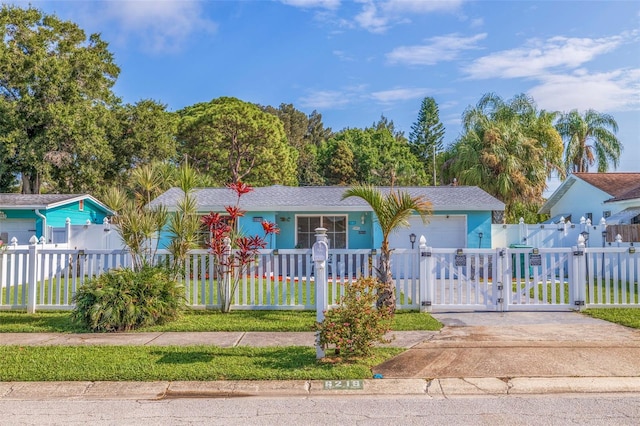 view of front facade with driveway, a fenced front yard, a gate, and an attached garage