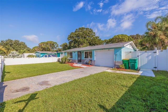 ranch-style home with a front lawn and a garage