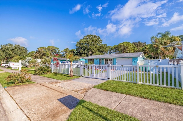 ranch-style house featuring a fenced front yard, concrete driveway, a front lawn, and a gate