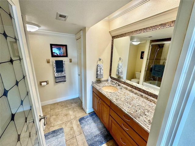 full bathroom with a textured ceiling, tile patterned flooring, vanity, toilet, and crown molding