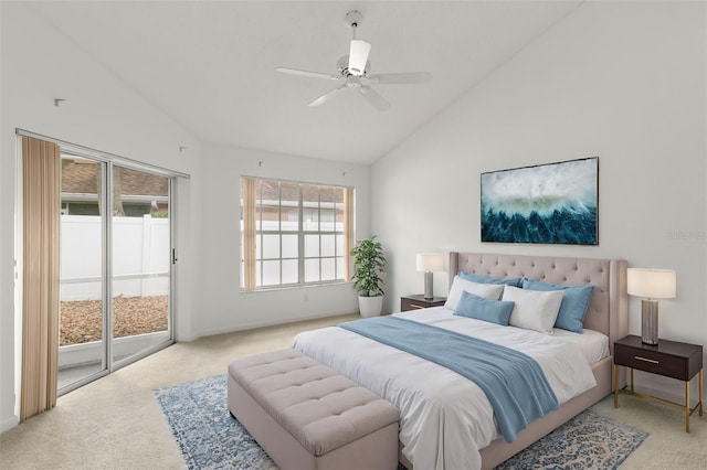 bedroom with high vaulted ceiling, access to outside, light carpet, and ceiling fan