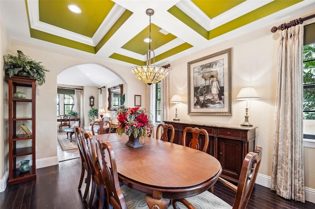 dining area with baseboards, arched walkways, dark wood-style floors, and coffered ceiling