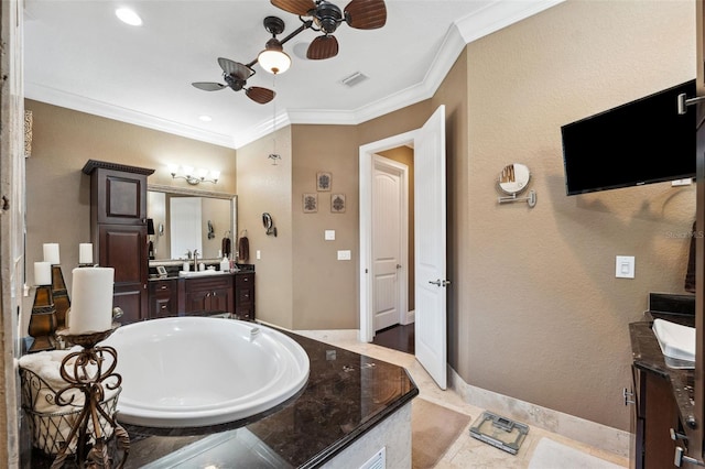 bathroom featuring visible vents, ornamental molding, vanity, and ceiling fan
