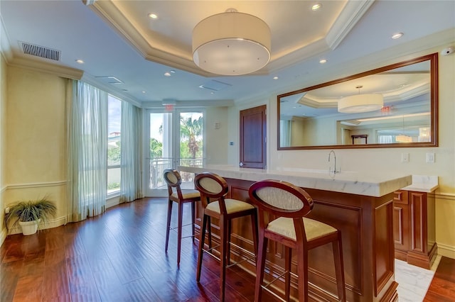 bar featuring crown molding, a tray ceiling, dark hardwood / wood-style flooring, and decorative light fixtures