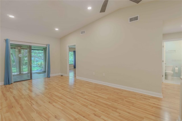 unfurnished room featuring high vaulted ceiling, ceiling fan, and light wood-type flooring