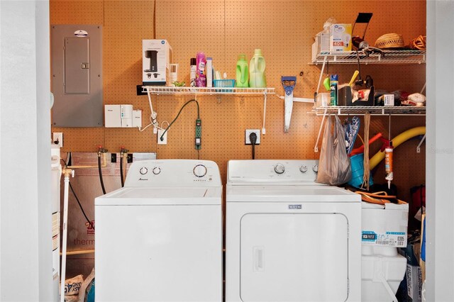 laundry area featuring electric panel and washing machine and clothes dryer