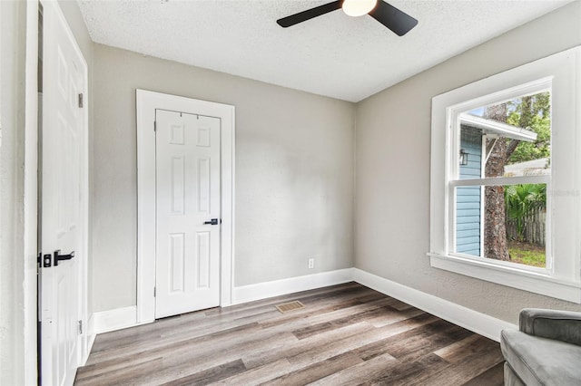 interior space featuring a closet, ceiling fan, wood-type flooring, and multiple windows