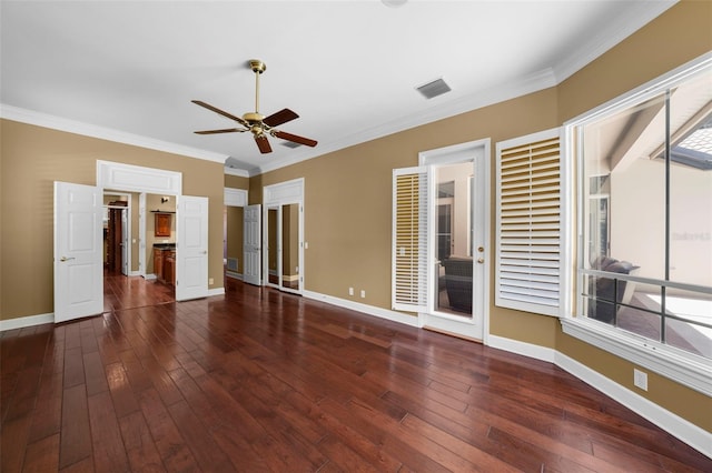 interior space featuring ceiling fan, ornamental molding, and dark hardwood / wood-style floors