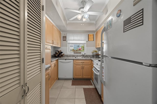 kitchen with sink, white appliances, ornamental molding, light tile patterned flooring, and decorative backsplash