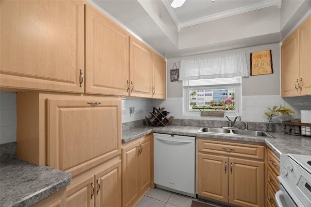 kitchen with sink, dishwasher, stove, ornamental molding, and decorative backsplash