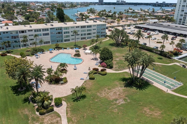 bird's eye view with a water view