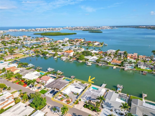 drone / aerial view featuring a water view