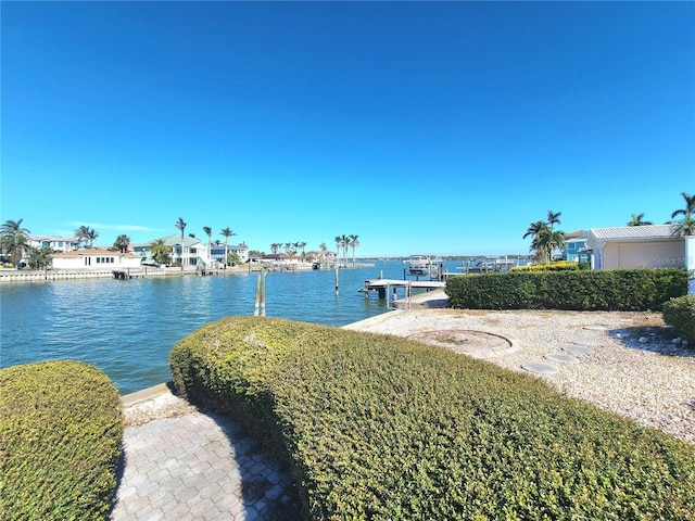 view of water feature with a dock