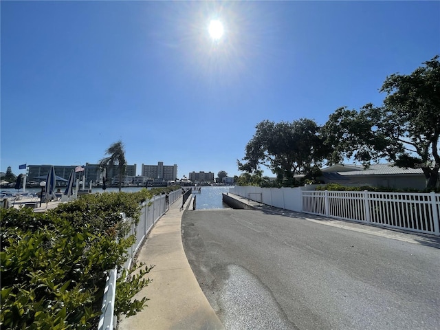 view of street featuring a water view