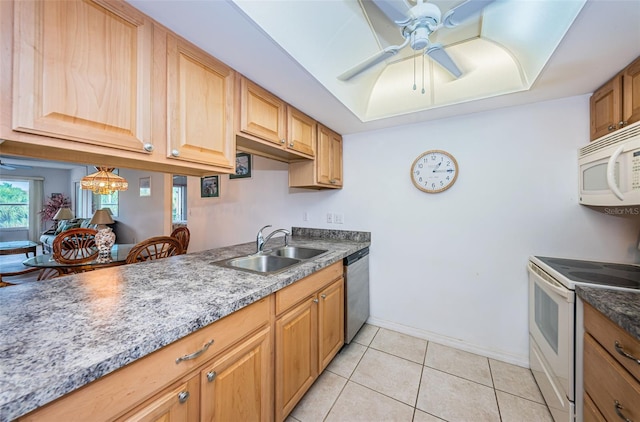 kitchen featuring ceiling fan with notable chandelier, sink, light tile patterned flooring, and white appliances