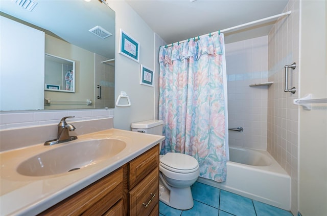 full bathroom with tile patterned flooring, vanity, shower / bath combo, and toilet