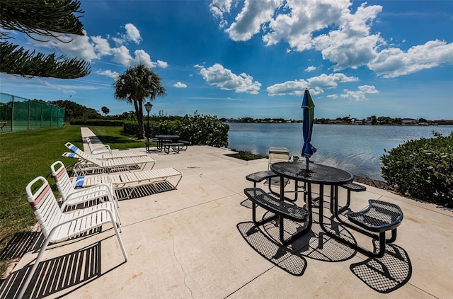 view of patio / terrace featuring a water view