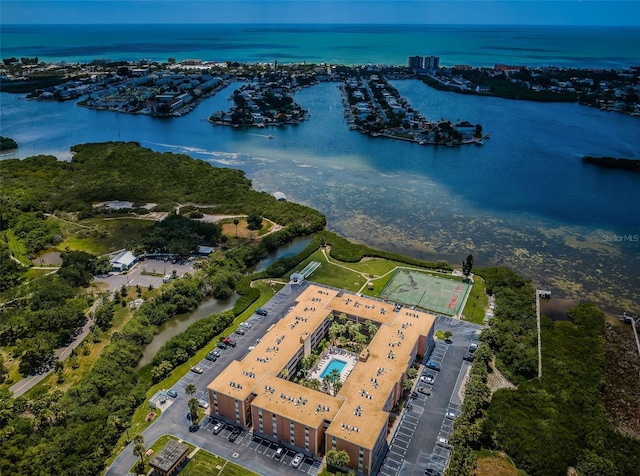 birds eye view of property featuring a water view