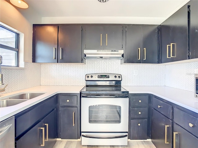 kitchen with electric range, dishwasher, backsplash, and sink