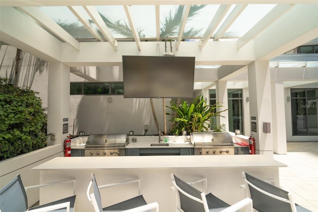 interior space with a sink, grilling area, and an outdoor kitchen