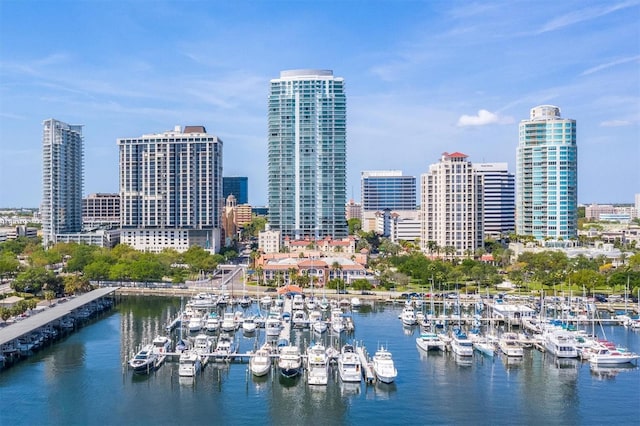 exterior space featuring a view of city and a dock