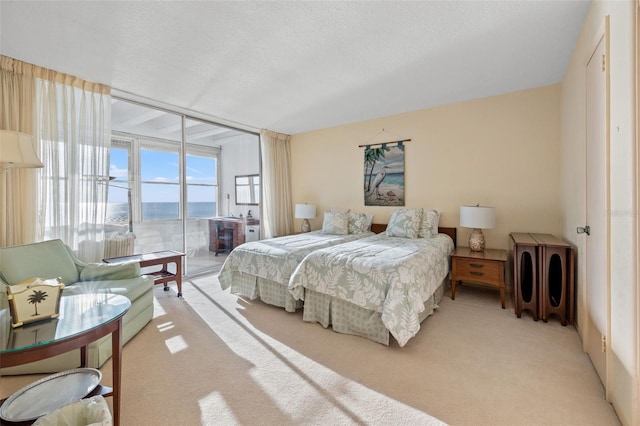 carpeted bedroom with access to exterior, a water view, and a textured ceiling