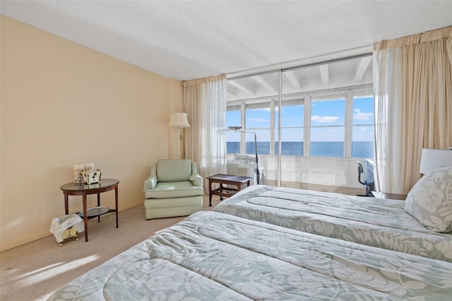 bedroom featuring carpet, a water view, and a textured ceiling