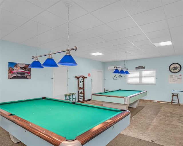 rec room with a drop ceiling, billiards, and carpet flooring