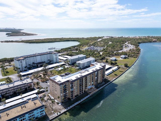 bird's eye view with a water view