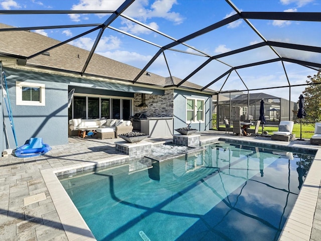 view of swimming pool featuring an outdoor hangout area, a patio, a lanai, and a grill