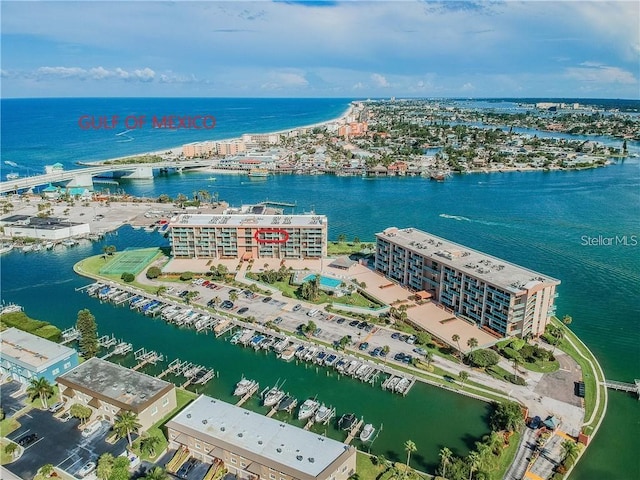 drone / aerial view featuring a water view