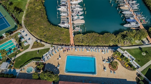 drone / aerial view with a water view