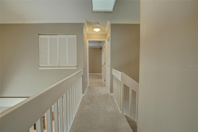 hall featuring light carpet, a skylight, and ornamental molding