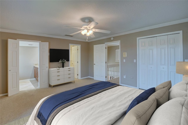 bedroom with baseboards, light colored carpet, and ornamental molding